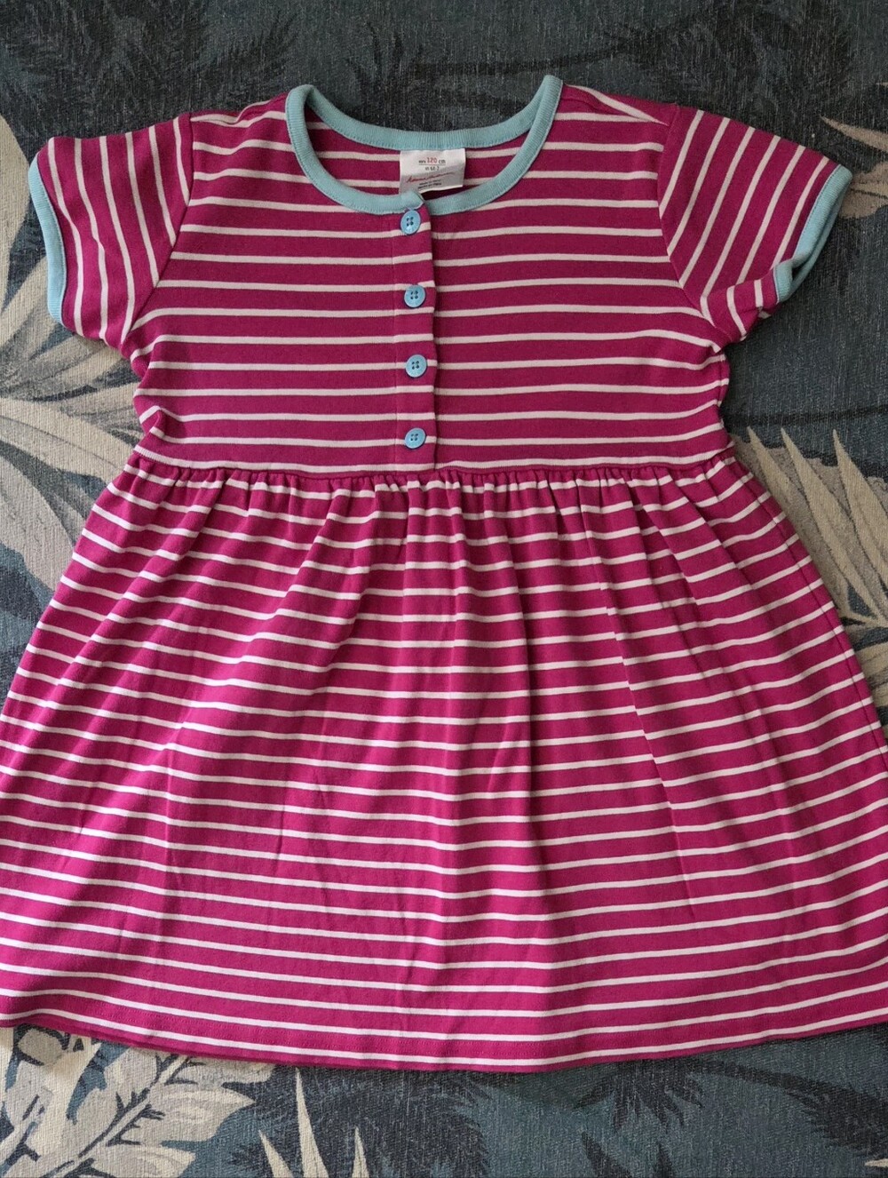 Hanna Andersson Pink & White Striped Short-Sleeve Dress with Teal Trim